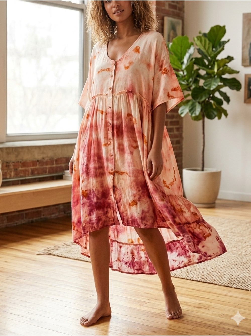 Tie Dye Midi Smock Dress Button Front Short Sleeve Pink Orange Boho💛